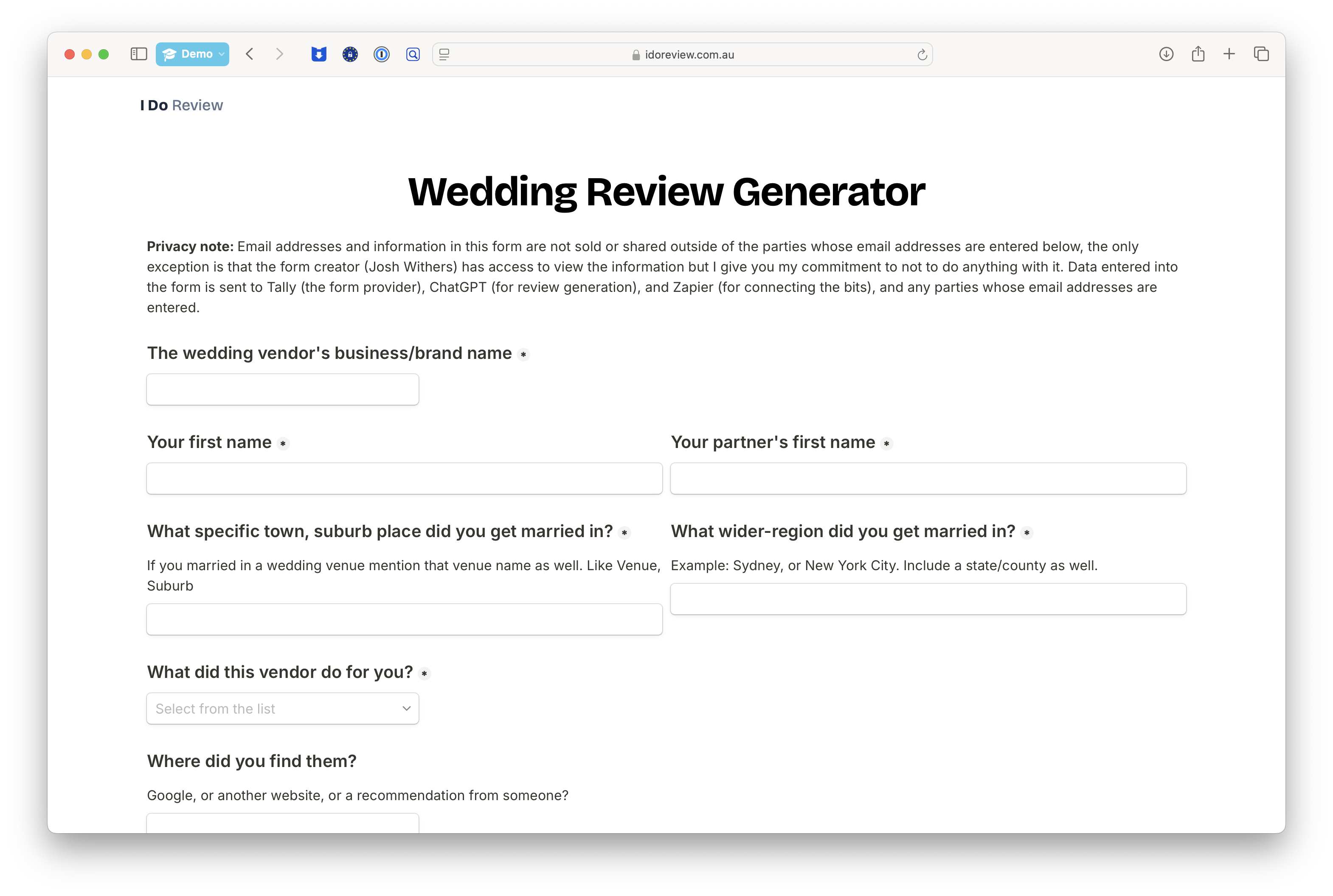 Review generator form screenshot